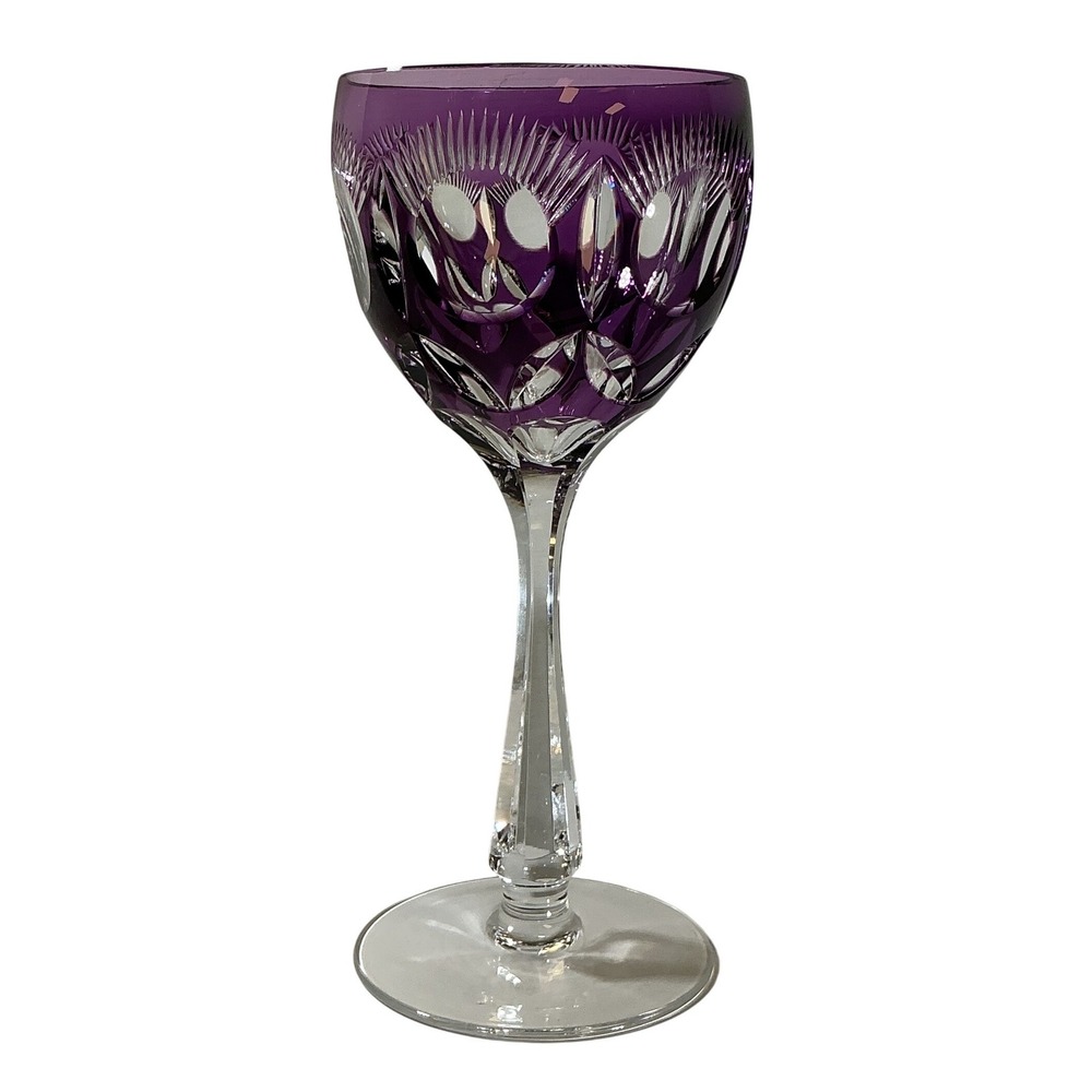 Vintage BOHO Amethyst Purple Cut to Clear Crystal Wine Goblet Faceted Stem 8.25"